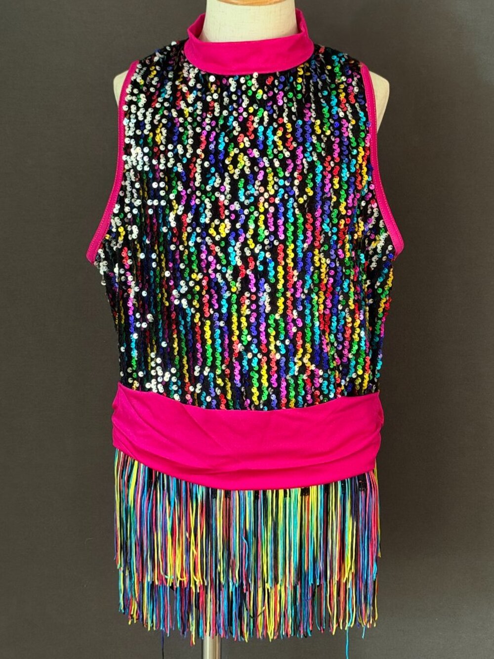 Weissman Rainbow Sequin Velvet Fringe Mock Neck Dance Dress Jazz Costume XXLC